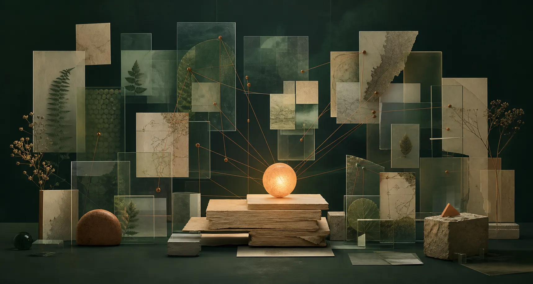 Bibliothèque abstraite de connaissances reliées autour d’un point lumineux